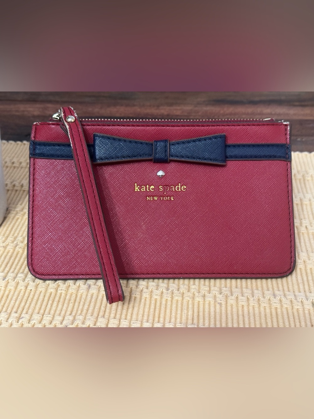 kate spade Red Crossbody Wristlet with Navy Bow Accent